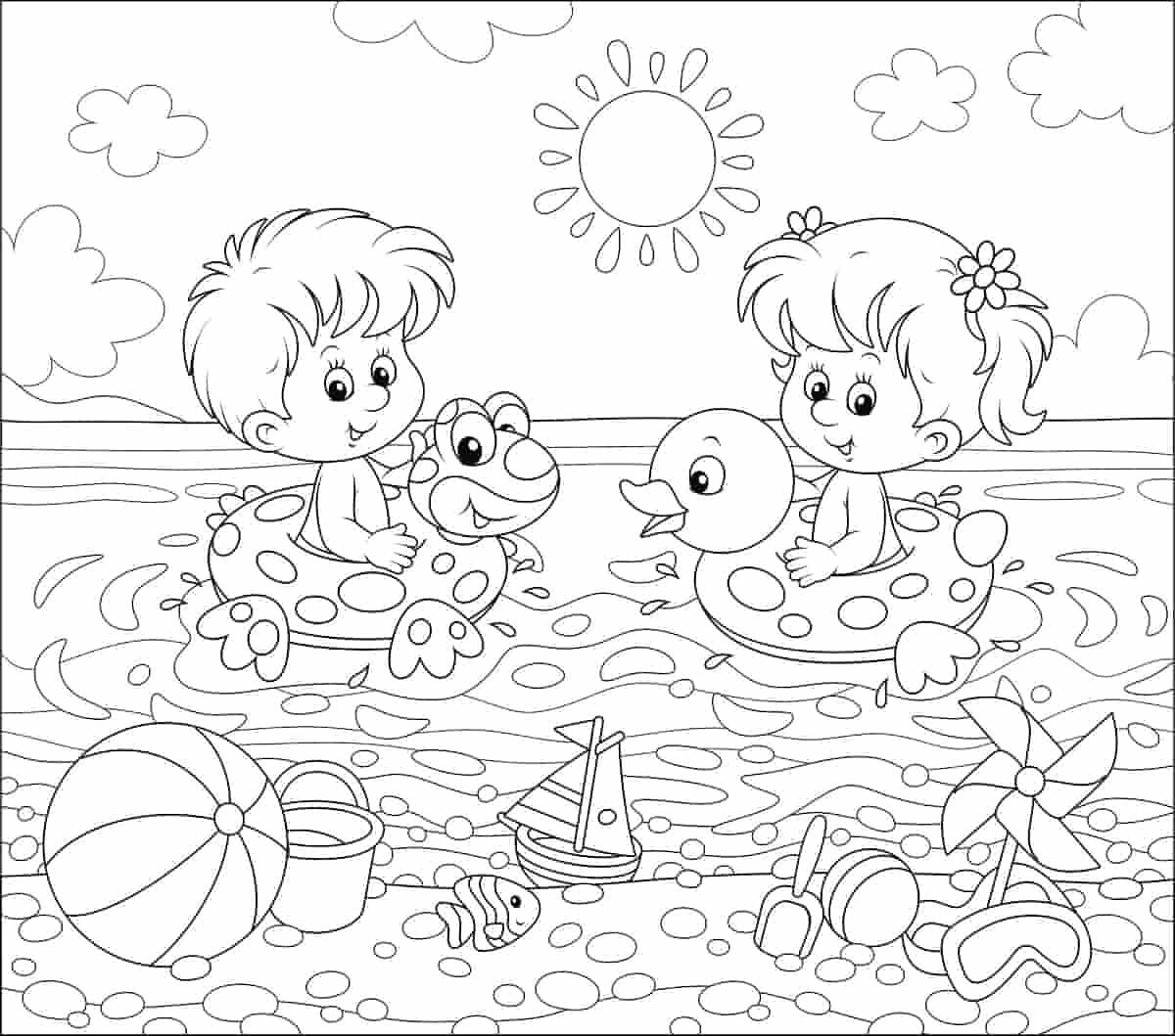 Coloring book siblings swims in the pool